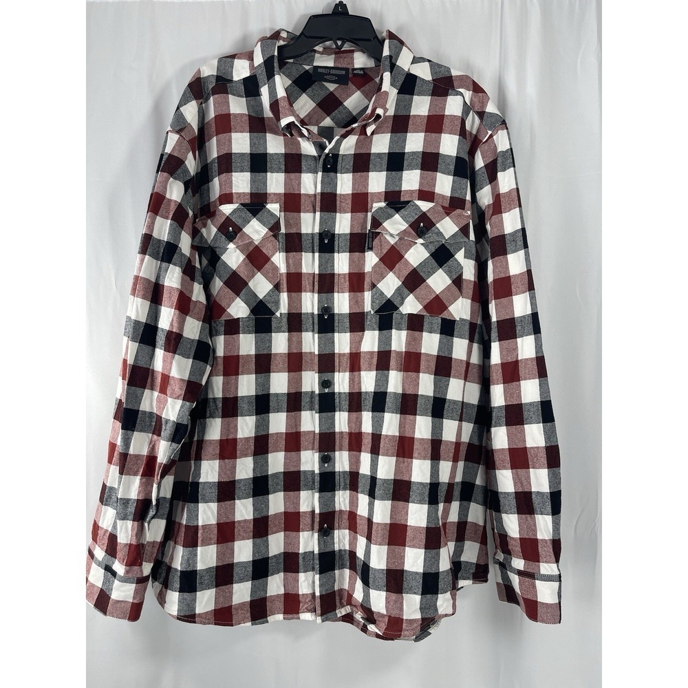 Harley Davidson Men's Red Black Plaid Essence Long Sleeve Flannel Moto Shirt 3XL